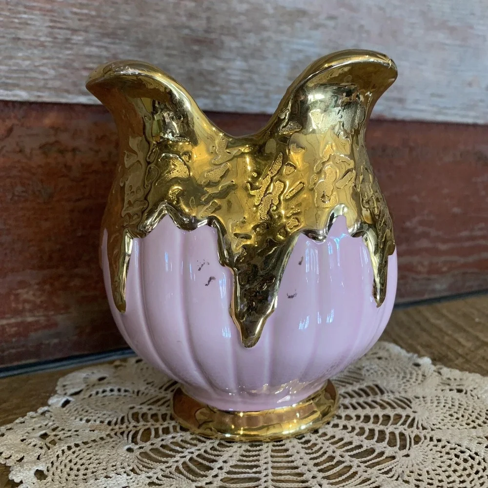 Hollywood Regency Vase MCM Dripping 22K Gold Pink Made in USA stamped  READ - Picture 9 of 12